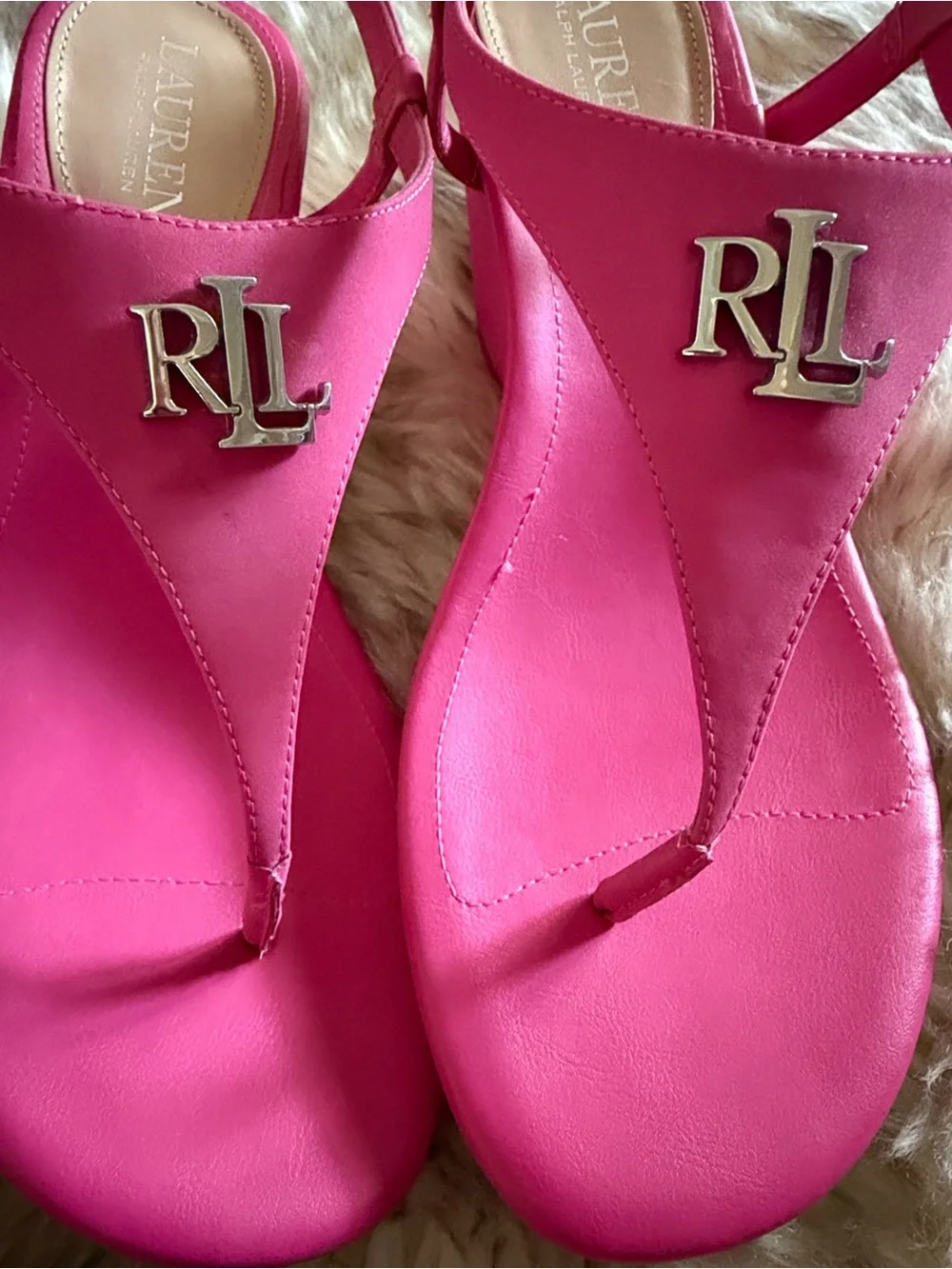 Ralph Lauren Jeannie Hot Pink low Wedge dressy designer hamptons Thong Sandals 8